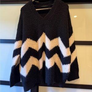 All Saints Black and White Oversized Alphaca V-Neck Sweater
